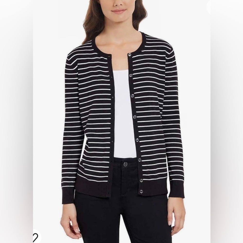 Jones New York Ladies Cardigan Black/ white striped like New